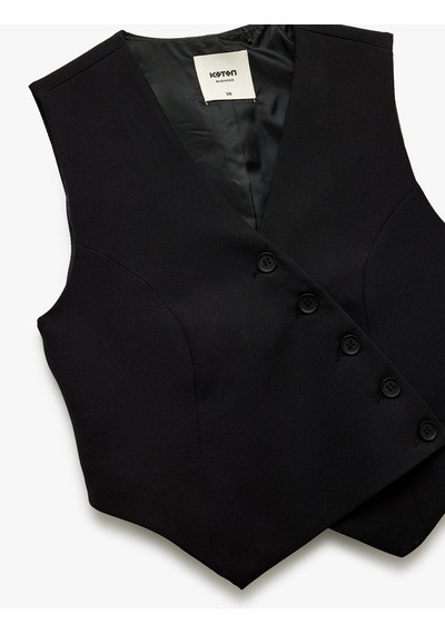 Koton Asimetrik Kesim Düğmeli V Yaka Kolsuz Blazer Yelek Siyah 7wak20008uw