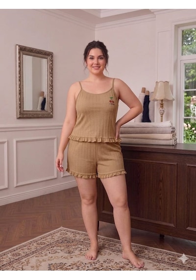 Büyük Beden Askılı Şortlu Likralı Pamuklu Kumaş Pijama Takım Kahverengi