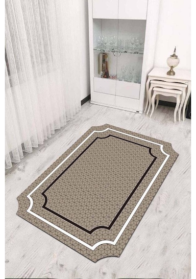 Bej Çerçeveli Kaymaz Tabanlı Lazer Kesim Halı Rv313n11
