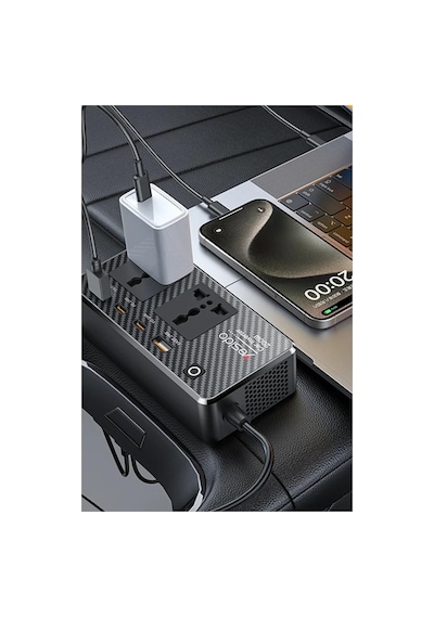 Coverzone Vc07 200w Araç İçi İnvertör 220v Ac Güç Dönüştürücü, 2 Ac Priz, 2 Usb-a Qc3.0, 2 Usb-c Pd Hızlı Şarj, 12v Çakmak Girişli, 50 Cm Kablolu Car Power Inverter Yesido Vc07