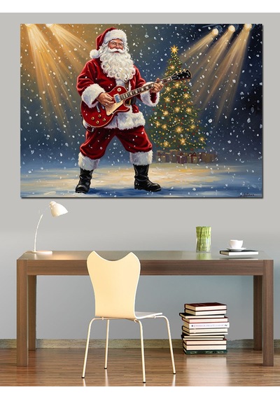 Gitar Çalan Noel Baba Figürü Dekoratif Kanvas - Mdf Ahşap Tablo