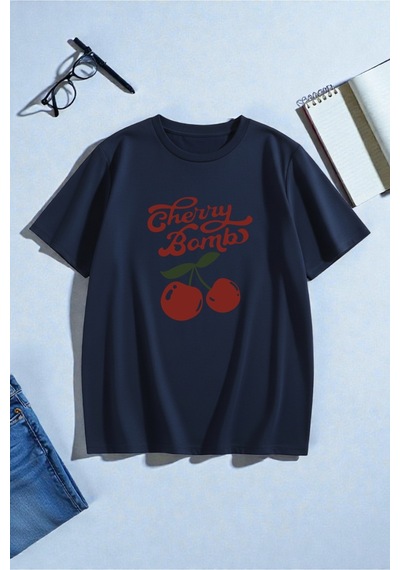 Uyguntarz Unisex Cherry Bomb Baskılı Tasarım Tshirt Lacivert