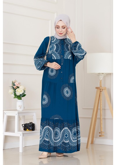 Sevitli Yarasa Kol Robalı Nare Elbise-indigo-5014 İndigo