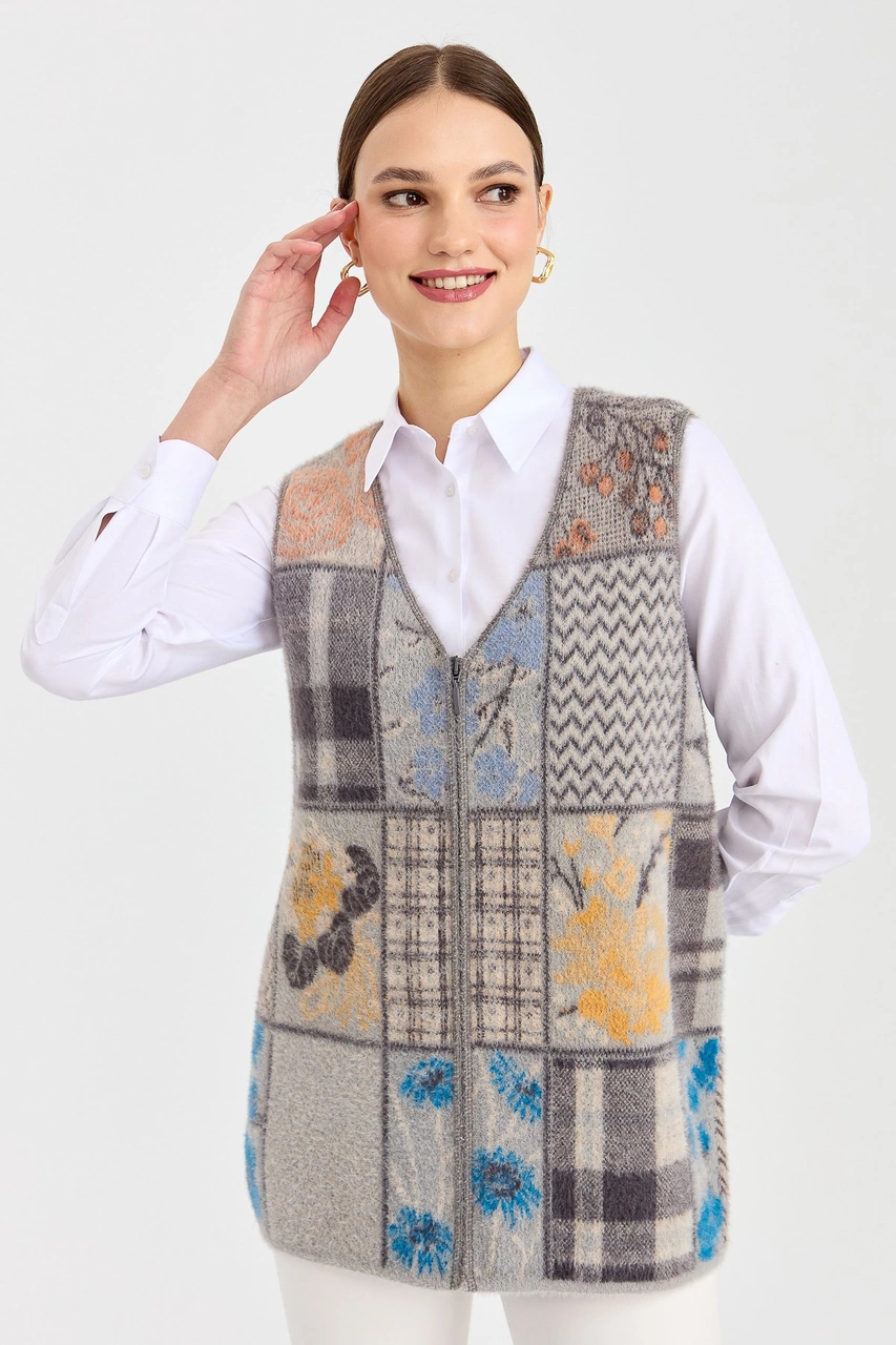 Desen Triko Kadın V Yaka Patchwork Yelek K.gri K.GRİ