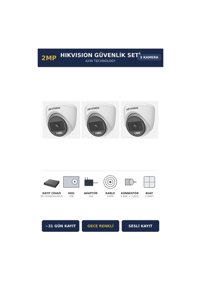 Hikvision 3 Kameralı 2mp Güvenlik Kamera Seti Colorvu Gece Renkli 1tb 31 Gün Kayıt Dome İç Mekan
