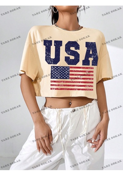 Flood Of Style Crop Ckod-232913 Americana Bayrağı Baskılı Damla Omuz Kısa Turuncu