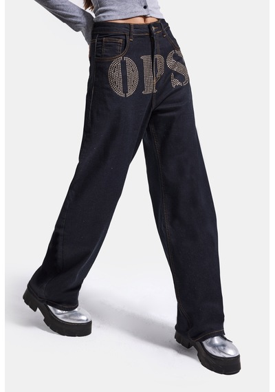 Kadın İndigo Palazzo Taş Baskılı Özel Tasarım Denim Jean Lacivert