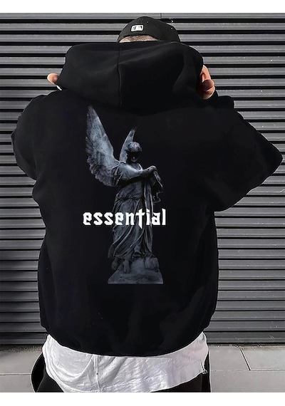 Unisex Siyah Essential Baskılı Kapüşonlu Oversize Sweatshirt Hoodie Siyah