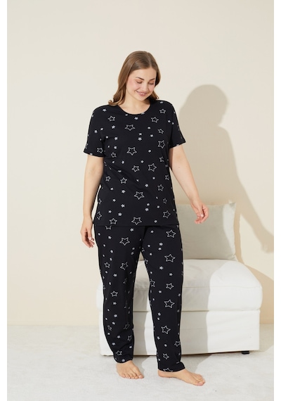 Siyah İnci Büyük Beden Battal Örme Pijama Takım 7614 Siyah Yıldız Desen
