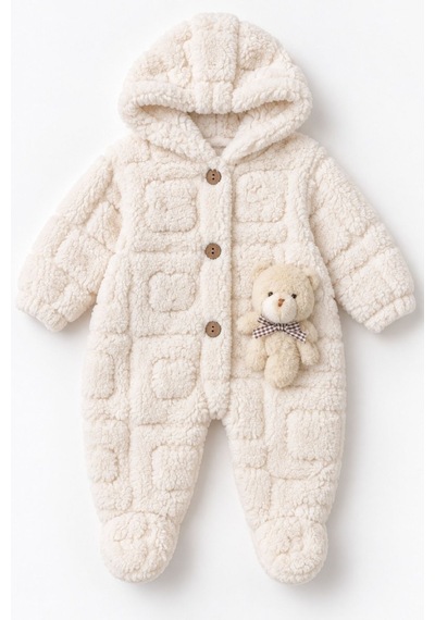 Kız Erkek Bebek Tavşan Ve Ayı Oyuncaklı Peluş Tulum Tlm0301 ekru