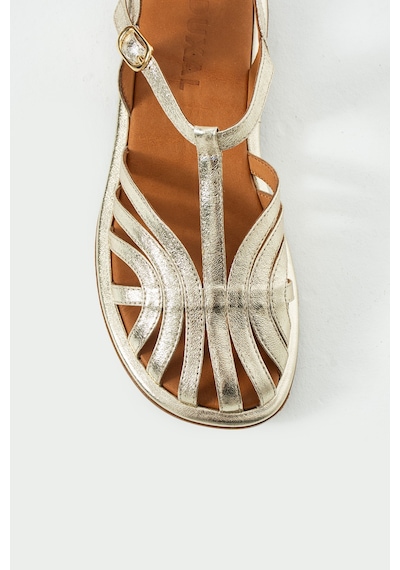 Duxal Shoes Charlotte Hakiki Deri Kafesli T-bant Sandalet Altın