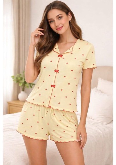 Kadın 01654 Kaşkorse Şortlu Pijama Takımı Sarı