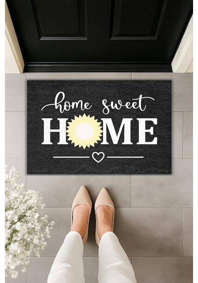 Rugmood Modern Dijital Baskı Paspas - Home Sweet Home Papatya - Kapı Önü Paspası 70x45cm Siyah
