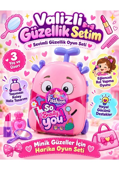Oyuncak Çekçek Valizli Aksesuarlı Makyaj Doktor Tamir Set Taşınabilir Tekerlekli Renkli Çantalı Bavul Güzellik Eğitici Meslek Seti 50x25 Cm Çok Renklli