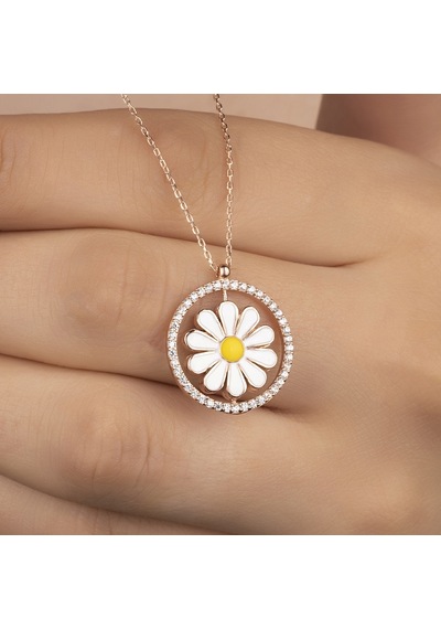 925 Ayar Rose Zirkon Taşlı Mineli Papatya Gümüş Kolye