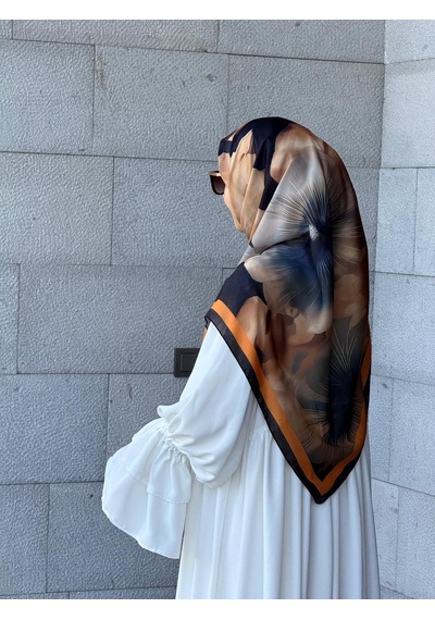 Qalortex Scarf Pamuklu Flora Desen Eşarp-siyah/gold Siyah-Gold
