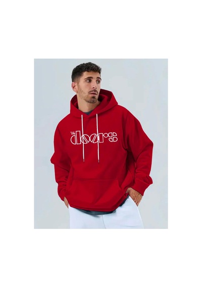 Medinenur The Doors Baskılı Kapüşonlu Cepli Sweatshirt Kırmızı