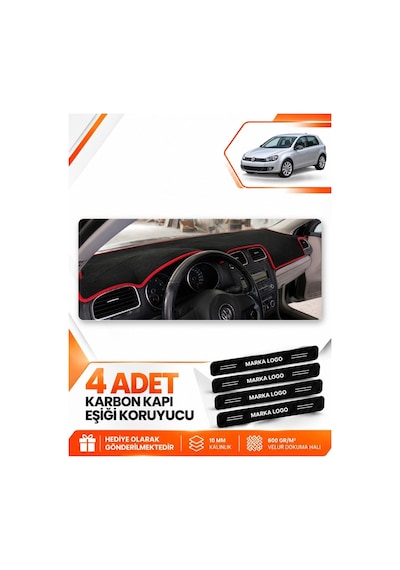 Volkswagen Golf 6 2008-2012 Uyumlu Ön Torpido Koruma Kılıfı Halısı Örtüsü - Siyah Kırmızı