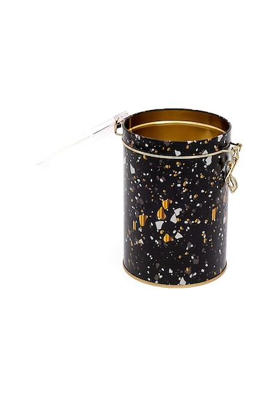 Terrazzo Black Desenli Kilitli Kapaklı Yuvarlak Metal Kutu, 10.5 X 15 Cm, 1.1 Lt