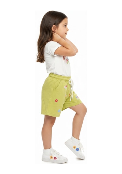 Toontoy Kids Toontoy Kız Çocuk 2'li Şortlu Takım Bisiklet Yaka Kısa Kollu Baskılı Tişört Beli Bağlamalı Baskılı Şort 25034 Yeşil