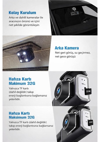 Tr 1080p Fhd Araç Kamerası, 170 Ön Ve 120 İç Kamera, Gece Görüşlü Dash Cam, 4 Kızılötesi Led, F2.0 Diyaf