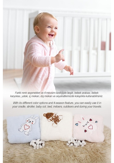 Evlen Home Nakışlı Bebek Battaniyesi Yumuşak Wellsoft Peluş 90x100cm Çocuk Yenidoğan Mavi