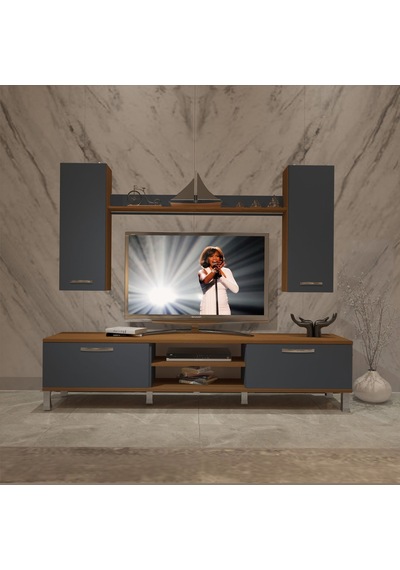 Decoraktiv Eko 7 Mdf Dvd Krom Ayaklı Tv Ünitesi Tv Sehpası Ceviz - Antrasit