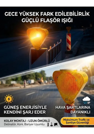 Güneş Enerjili Solar Flaşörlü Trafik Ve Şantiye Uyarı Lambası - Koni Uyumlu Sarı