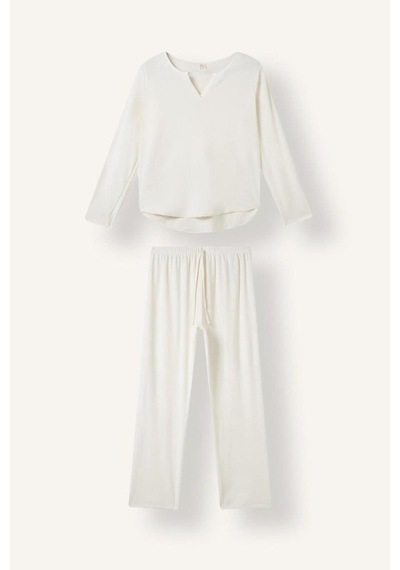 Defacto Regular Fit V Yaka Uzun Kollu Velur Pijama Takımı A3356ax26auer134 Ekru-er134