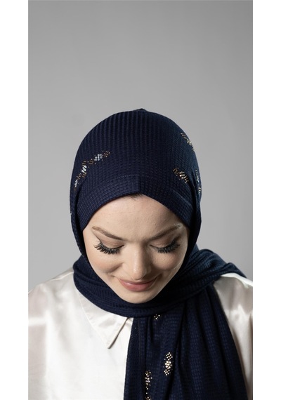 Hürrem Bone Lacivert Pratik Hazır Geçmeli Tesettür Şal Örme Kumaş Taşlı Çiçek Desenli 2118c 02