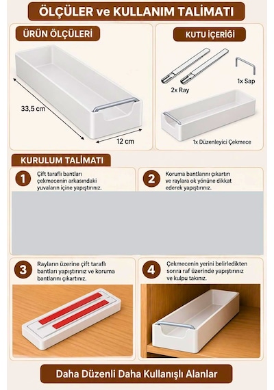 Çok Amaçlı Raylı Dolap İçi Çekmece Organizer Sürgülü Mutfak Banyo Kiler Düzenleyici Organizer Beyaz