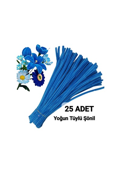 25 Adet Saks Mavi Şönil, Çiçek Yapımına Uygun Tüylü Tel, 30 Cm 6 Mm