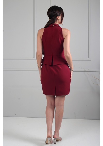 By Saygı Kadın Gold Düğmeli Kendinde Telalı Peplum Detaylı Double Krep Kısa Elbise Bordo