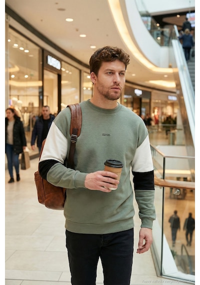 Buratti Pamuklu Relaxed Fit Bisiklet Yaka Şardonlu Renk Bloklu Erkek Sweat 5905298T Haki