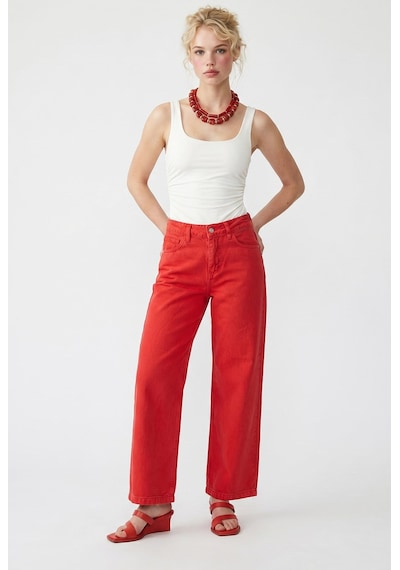 Mixray 2128 Kadın İnce Mevsimlik Yüksek Bel Wide Leg Denim Pantolon Kırmızı