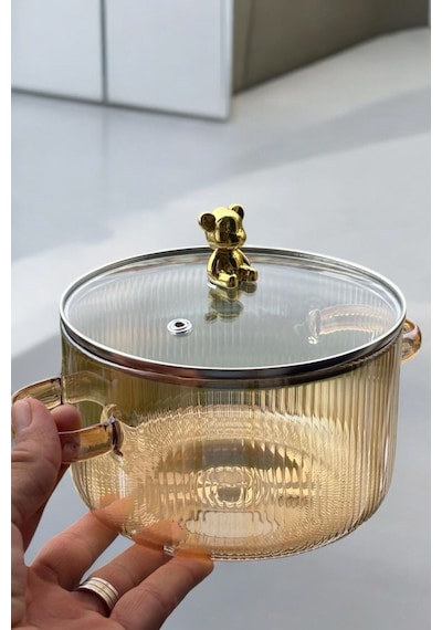 Qerhome Borosilikat Cam Amber Gold Detaylı Ayıcıklı Tencere 1700 Ml Gold