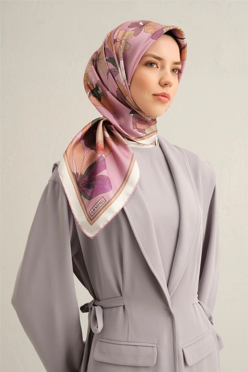 Armine Çiçek Desenli Saf İpek Twill Eşarp 9312d 58 Lila