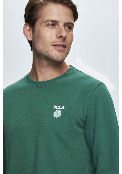 Ucla Valley Koyu Yeşil Bisiklet Yaka Baskılı Standart Fit Erkek Sweatshirt Koyu Yeşil