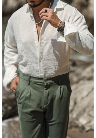 Cool Tarz Erkek Uzun Kollu Gömlek Yaka Keten Oversize Gömlek Beyaz