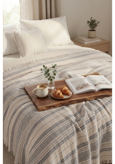 Natura Soft Ekru 4 Kat Müslin Çift Kişilik Yatak Örtüsü 220x230 Cm %100 Pamuk Çok Amaçlı Koltuk Örtüsü Ve Tv Battaniyesi Açık Gri