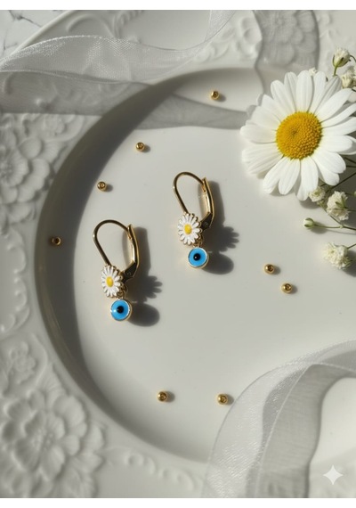 925 Ayar Papatya Silver Nazar Gözlü Papatya Küpe.nazar Küpe.rose.gold.rodaj Gümüş