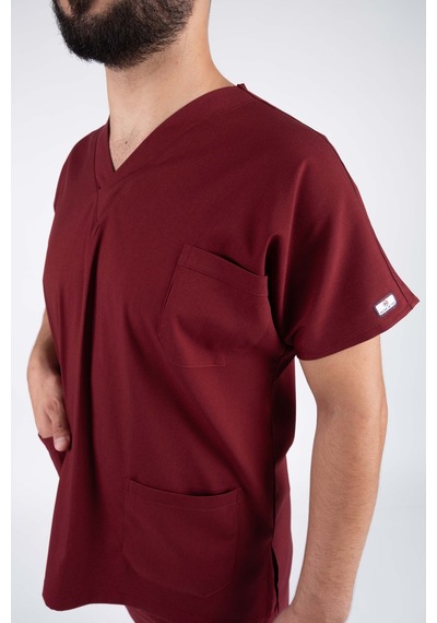 Bordo Likralı Erkek Hemşire Ve Doktor Forması Takımı Scrubs Hastane Üniforması