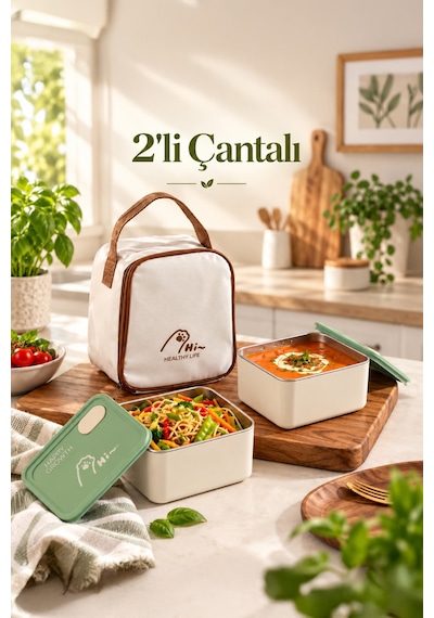 Porsima Bl25229 Isı Yalıtımlı Çanta Paslanmaz Çelik 2 Parça Vakumlu Yemek Termosu Beslenme Kutusu Taşınabilir Lunch Box Sefer Tası Krem