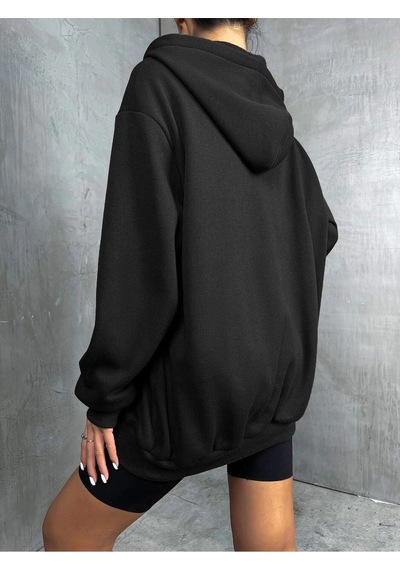 Adrift Unisex Renkli Oversize Kapüşonlu Fermuarlı Hırka Siyah