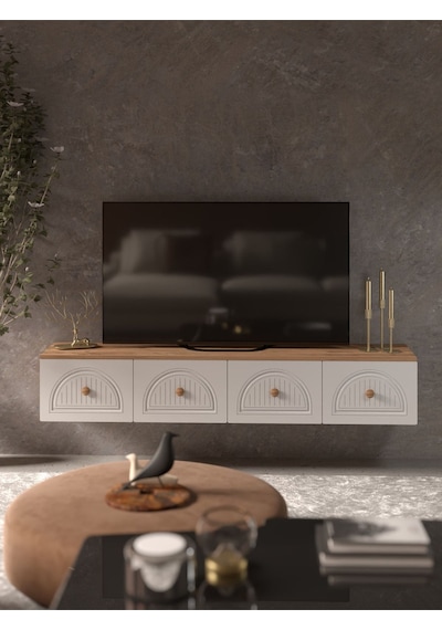 Bohem Şık 180 Cm 4 Kapaklı Mdf Kapak Duvar Tv Ünitesi Beyaz