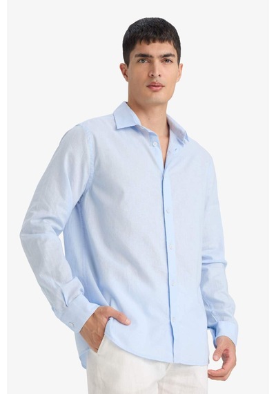 Defacto Regular Fit Polo Yaka Keten Karışımlı Yazlık Uzun Kollu Gömlek E0518ax25smbe656 Mavi