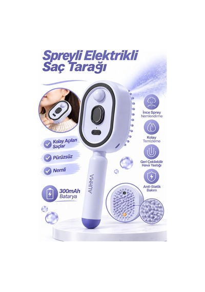 Exenar - Mor - Spreyli Elektrikli Saç Tarağı 10ml Su Yağ Hazneli Antistatik Saç Bakım Fırça Elektriklenme Önleyici 0