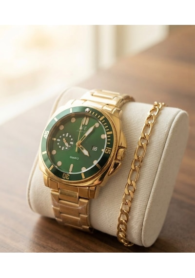 Erkek Bezel Kol Saati Bileklik Hediyeli Yeşil Kadran Takvimli Çelik Kordon Quartz Analog Saat Frn09