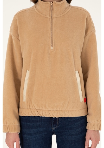 U.S. Polo Assn. Kadın Kum Dik Yaka Fermuarlı Polar Sweatshirt 50297401-VR085