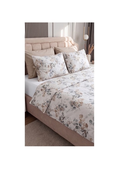 %100 Pamuk Çift Kişilik Okaliptüs Desenli Nevresim Seti 220x200 Cm Bağcıklı 2 Desenli + 2 Düz Beyaz Yastık Kılıfı Bej - 909842495 Bej